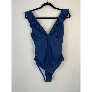 Cupshe women's XL blue‎ plunge neck one piece swimsuit tie back ruffles